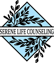 Logo for Serene Life Counseling featuring a diamond shape with blue and black leaf designs.