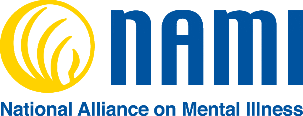 Logo of the Alliance on Mental Illness with a yellow sun and blue text.