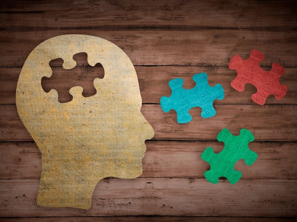 Wooden head silhouette with puzzle pieces representing thoughts or ideas.